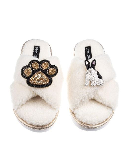 Laines London White Neutrals Boucle Slippers With Paw & & Sitting French Bulldog Brooches