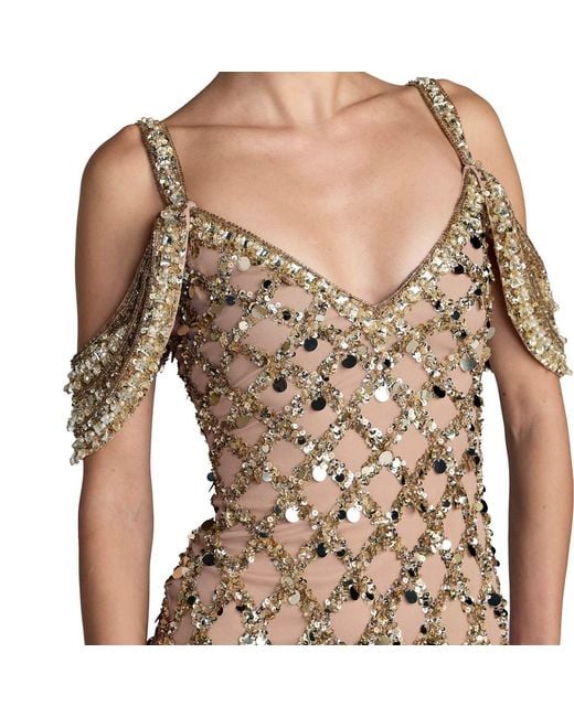 Mac Duggal Natural Sequin Embellished V-Neck Gown