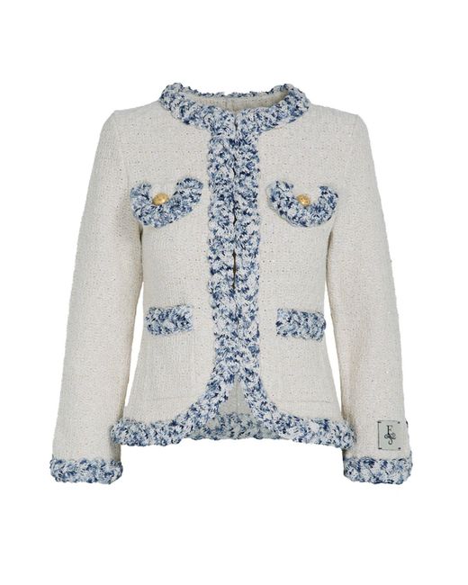 The Extreme Collection Short Ecru Tweed Cotton Blend Jacket With Patch Pockets And Light Blue Details Sky