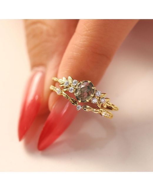Azura Jewelry New York Metallic Wildflower Moss Agate Ring Vermeil