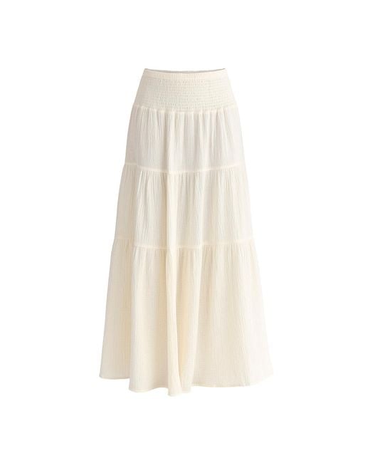 Paisie Natural Cheesecloth Shirred Waist Tiered Maxi Skirt
