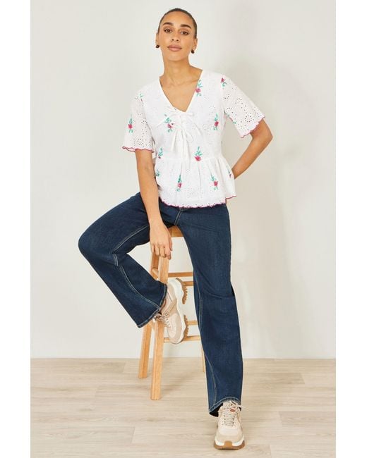 Yumi' White Cotton Broderie Anglaise Embroidered Tie Top