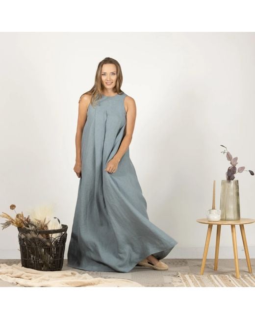 Nikka Place Gray Linen Long Maternity Dress With Pockets