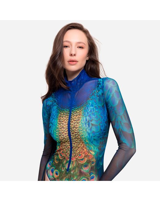 Rodasoleil Smart Swimwear Blue Tan-Through Mesh One-Piece Zipper Swimsuit With Sleeves Peacock Mayura