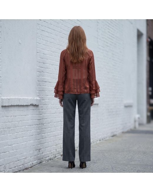 Modenaire Red Sheer Blouse With Tie Neck Detail And Bell Sleeves