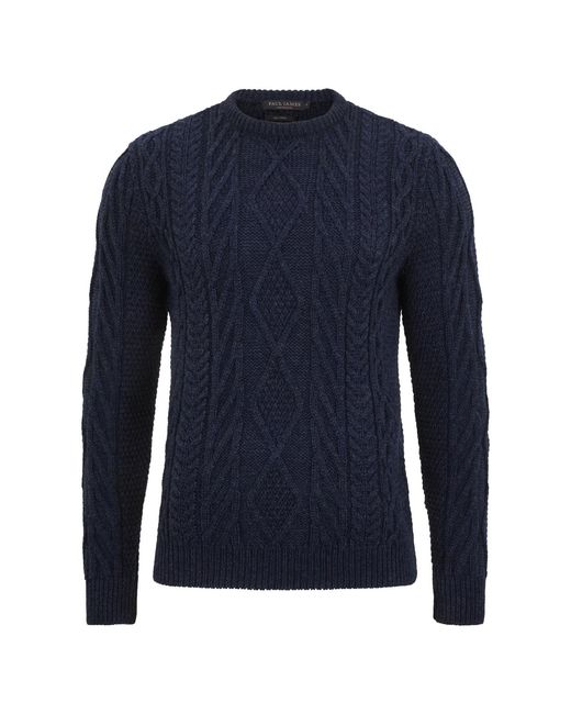 Paul James Knitwear Blue Chunky Merino Wool Cameron Cable Jumper for men