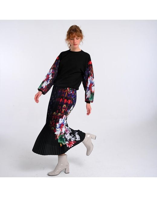Lalipop Design Blue Floral Print Fully Pleated Maxi Skirt