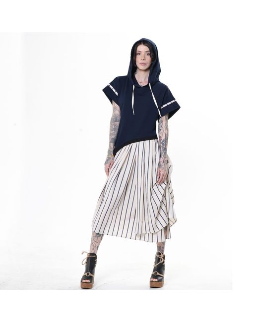 Metamorph Blue Hooded Asymmetric Dress With Striped Skirt