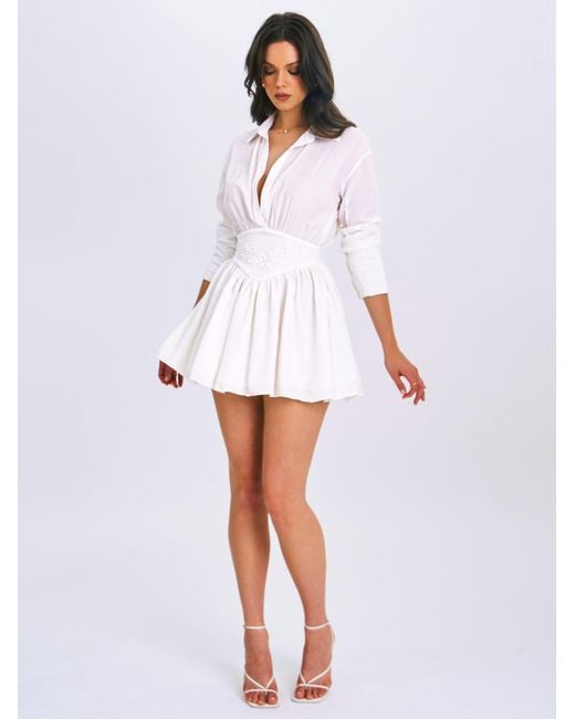 Miss Circle New York White Jamila Shirt Mini Dress With Embroidered Waist Detail