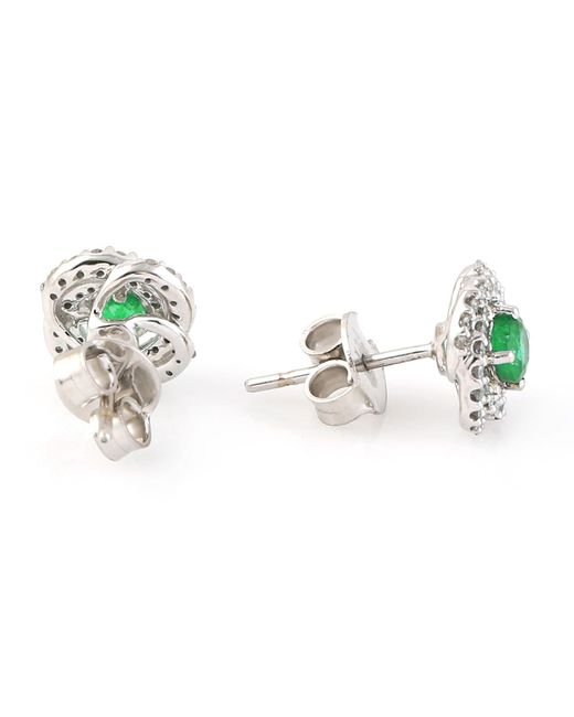 Artisan Multicolor Natural Emerald 14k White Gold Diamond Stud Earrings Handmade Jewelry