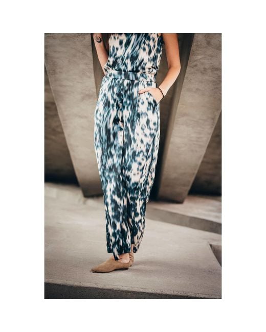 Oh!Zuza Blue Neutrals Echo Wide-Leg Viscose Satin Trousers – Print
