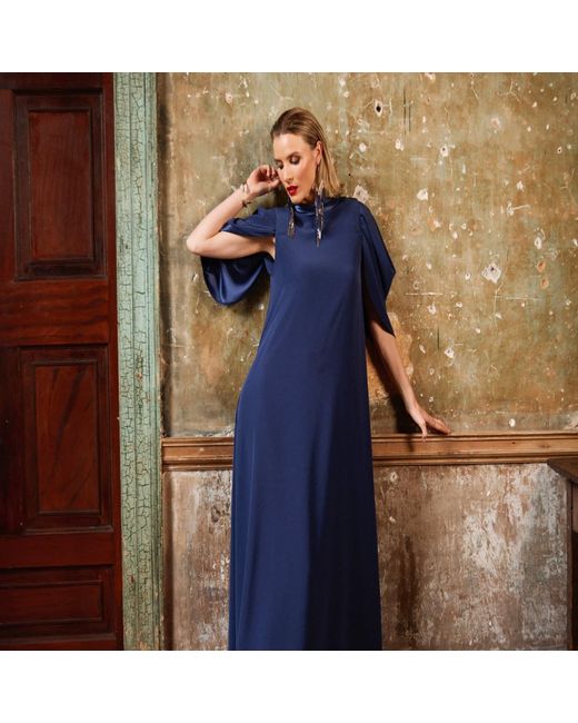 Monessa Joan Blue Full Length Trapeze Dress With Detachable Sleeves