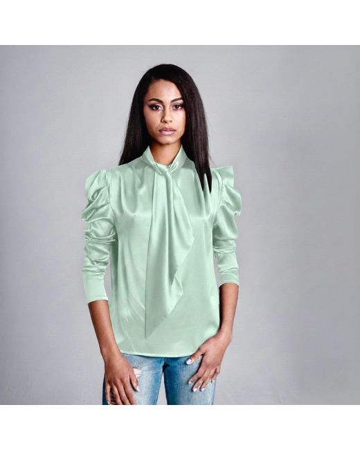 Imaatu Green Water Mint Silk Satin Tie-Neck Blouse – Elegant Evening Statement