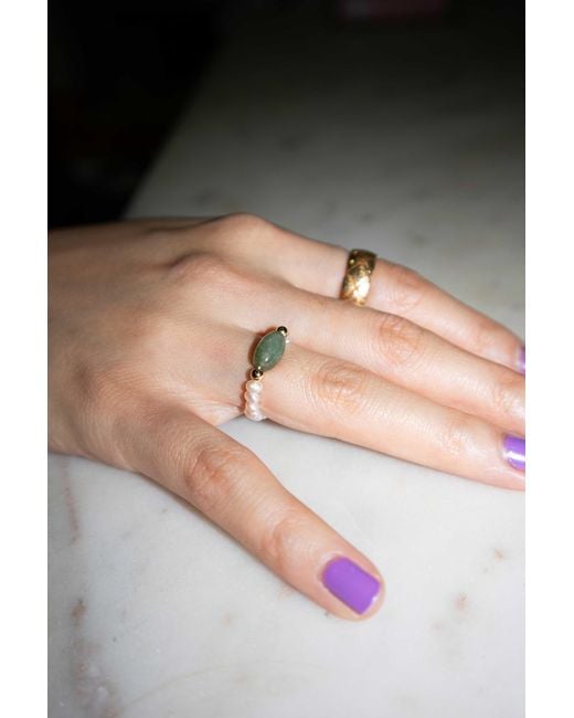 seree Metallic Isa Jade And Beaded Pearl Stretch Ring