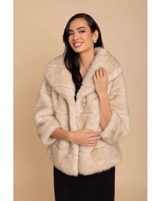 Santinni Natural Satin-Lined Faux Fur Cropped Brooch Coat