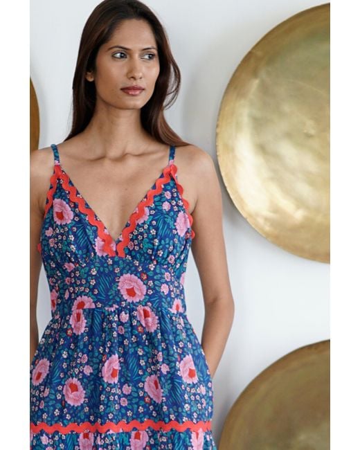 La Mandarine Blue Summer Maxi Dress With Pockets. Block Print Cotton Summer Maxi Dress Beatriz