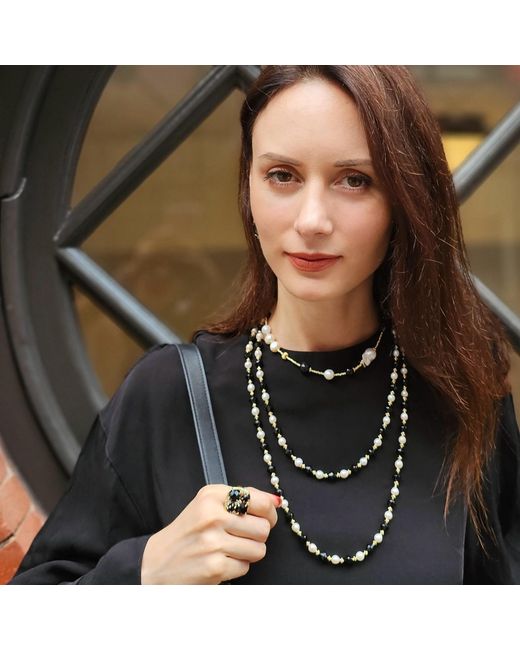 Farra Metallic Obsidian And Pearls Double Layers Bracelet Or Choker