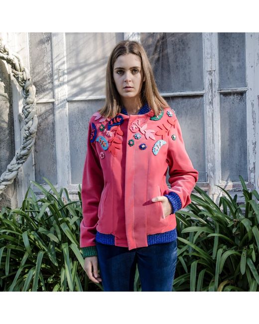 Absurde Pink Zemrude Velvet Bomber Jacket