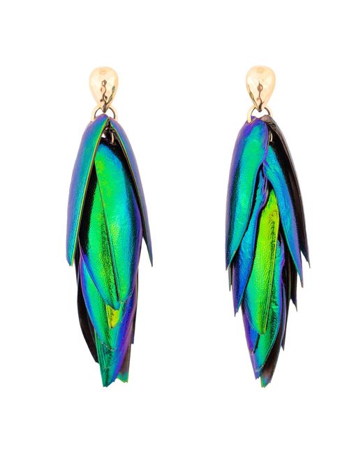 Oana Savu Blue Beetle Earrings Recycled Natural Metallic Earrings Drop Ear Studs