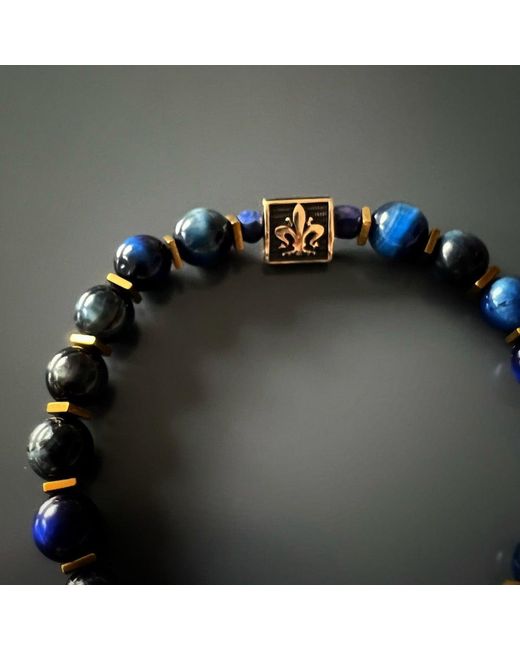 Ebru Jewelry Blue Tiger Eye Stone Shield Charm Beaded Bracelet for men