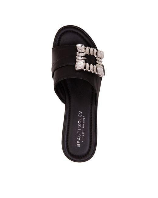 Beautiisoles by Robyn Shreiber Made in Italy Black Dita Leather Comfortable Wedge Sandal Espadrille Slide With Jewelry For Elegant Work & Evening