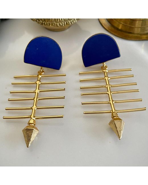 Veronica Tharmalingam Blue Avyaya Fish Bone Lapiz Lazuli Hanging Earrings