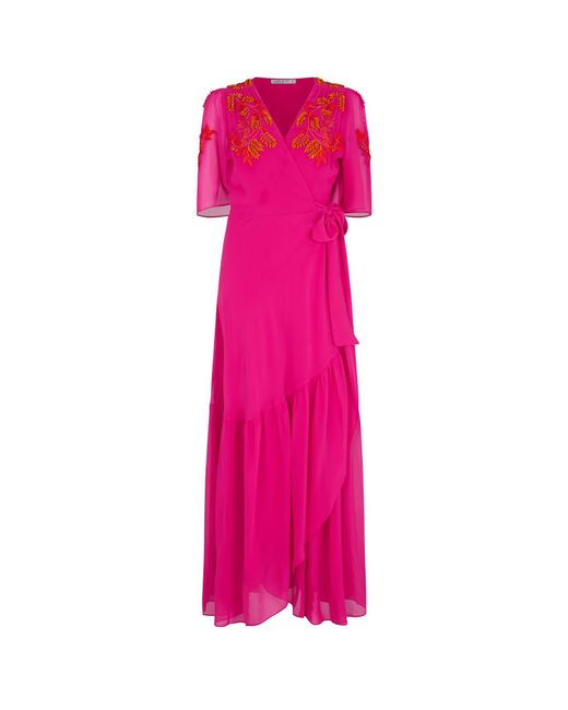 Hope & Ivy Pink The Harriet Embellished Flutter Sleeve Maxi Wrap Dress With Tie Waist