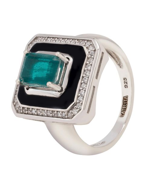 Latelita London Metallic Deco Emerald & Enamel Ring Silver
