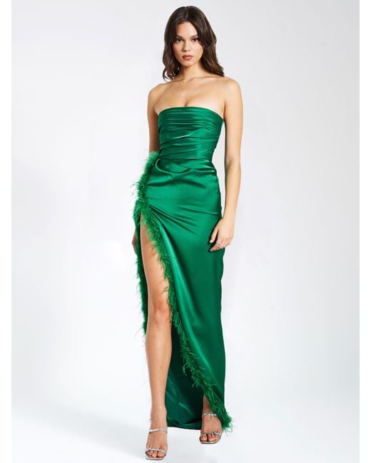 Miss Circle New York Green Perrin Emerald Feather Dress High Slit Gown