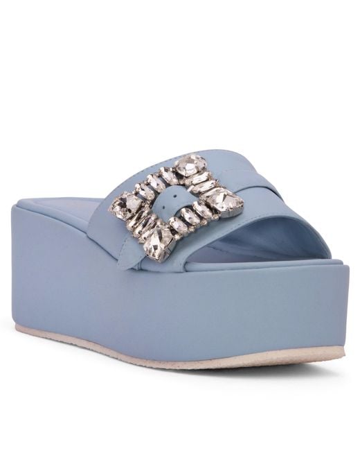 Beautiisoles by Robyn Shreiber Made in Italy Blue Dita Baby Leather Slide Mule Espadrille Sandal Comfortable & Elegant For Work & Evening & Party Sandal
