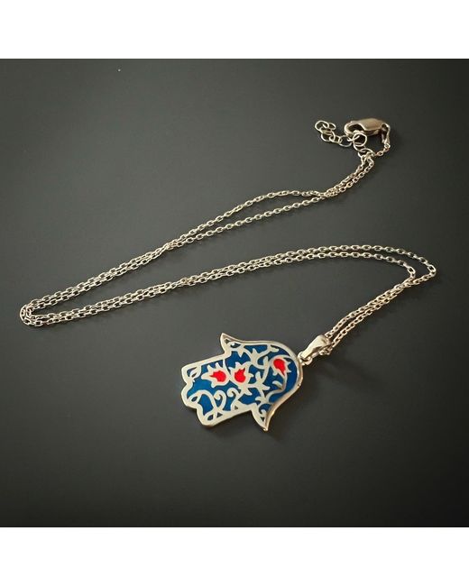 Ebru Jewelry Blue Sterling & Enamel Hamsa Hand Necklace