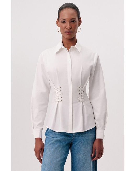 Exquise White Miya Shirt Collar Eyelet Detail Fitted Shirt