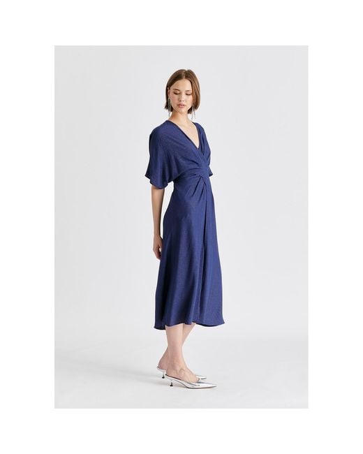 Paisie Blue Sparkled Midi Wrap Dress With Pleated Details