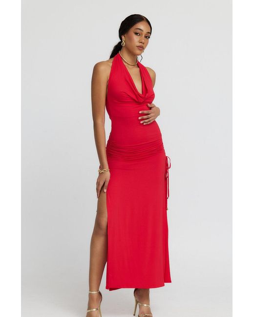 Why Mary Red Venus Cowl Neck Halter Bamboo Jersey Maxi Dress