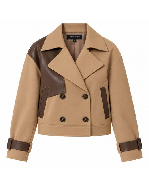 Smart and Joy Brown Short Double-Breasted Trench Coat With Contrasting Panels