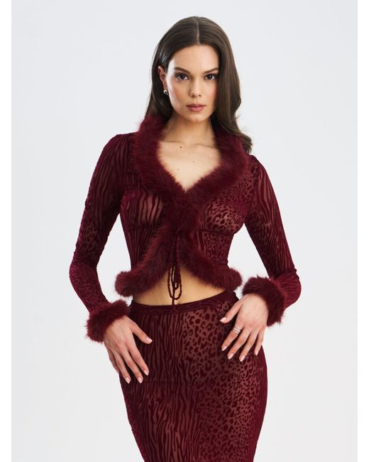 Miss Circle New York Red Hali Burgundy Animal Print Burnout Velvet Fur Trim Top