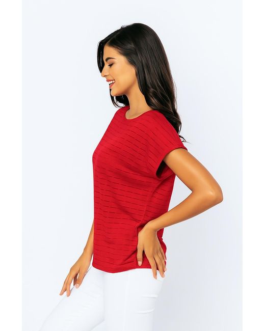 Conquista Red Striped Shiny Jersey Egg-Shaped Top – Soft Rayon Blend
