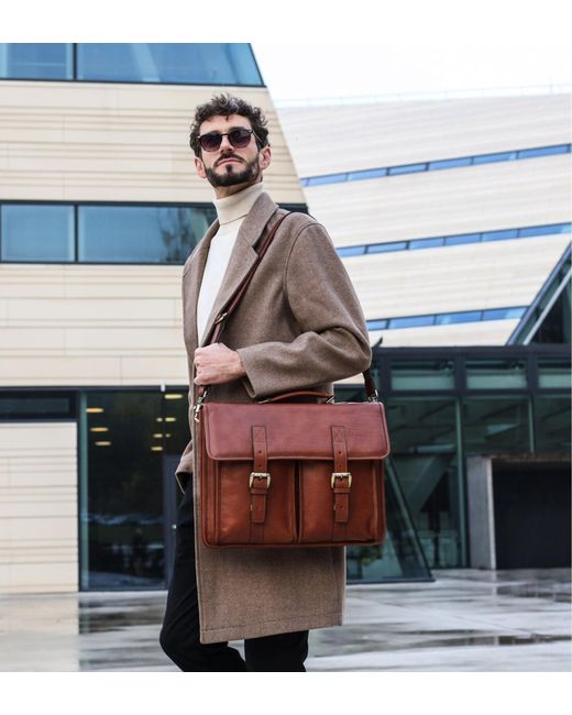 Time Resistance Brown Leather Satchel Bag for men