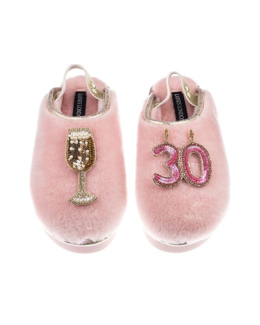 Laines London Pink Flatform Cloud Closed Toe Slippers With 30Th Birthday & Champagne Glass Brooches