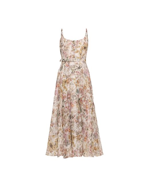 Nissa Natural Floral-Print Linen Midi Dress