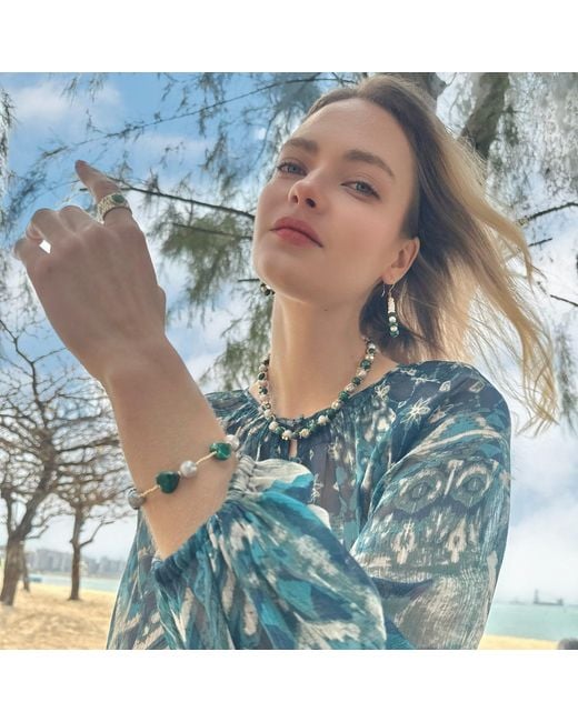 Farra Green Heart Malachite With Freshwater Pearls Bracelet