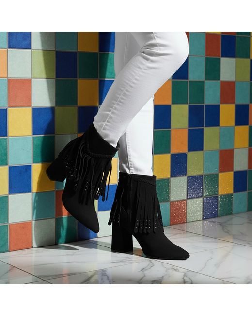 Beautiisoles by Robyn Shreiber Made in Italy Black Tal Suede Ankle Bootie Comfortable & Dressy With Studs For Work Or Evening
