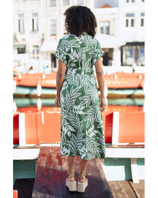 Yumi' Green Leaf Print Viscose Relaxed Midi Shirt Dress