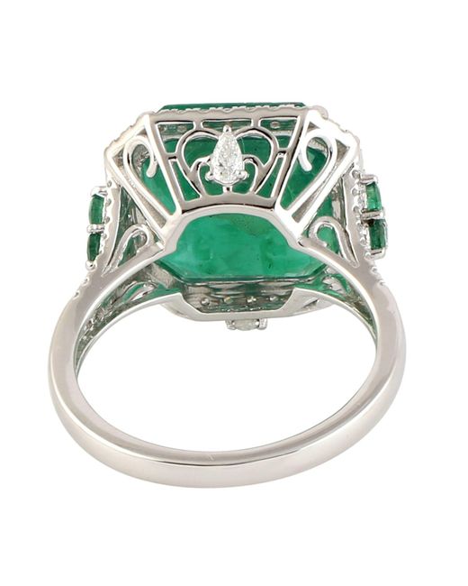 Artisan Green 18k White Gold In Square Zambian Emerald With Pear Shape Diamonds Designer Ring