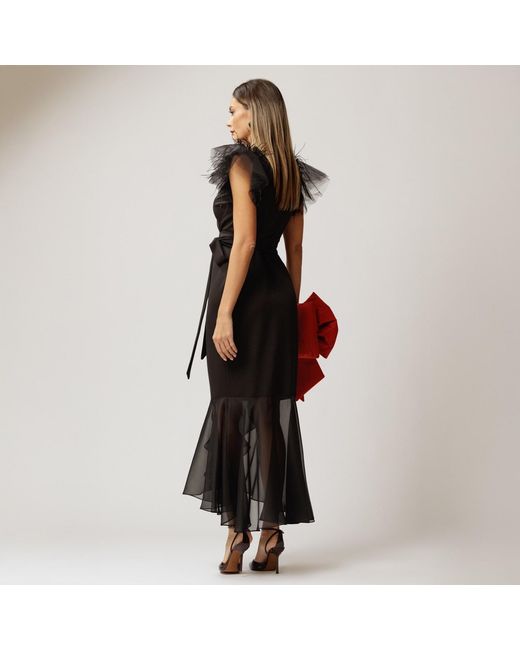 concept A trois Black Long Blazer Wrap Dress With Tulle And Soft Veil