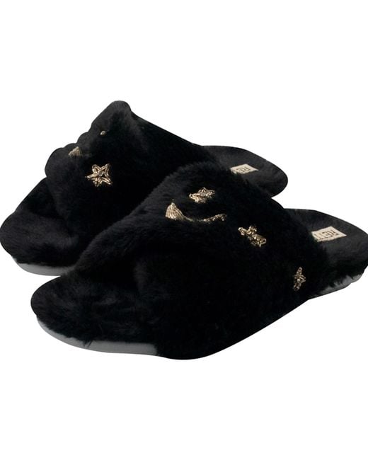 Rettrose Black Isabel Luxury Plush Diamanté Embellished Handmade Slipper