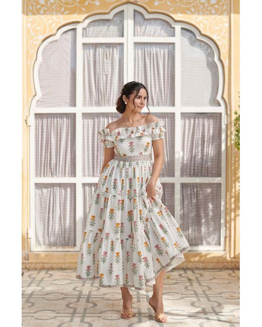 Echo of Pink White Isla Hand Block Print Offshoulder Cotton Maxi Dress