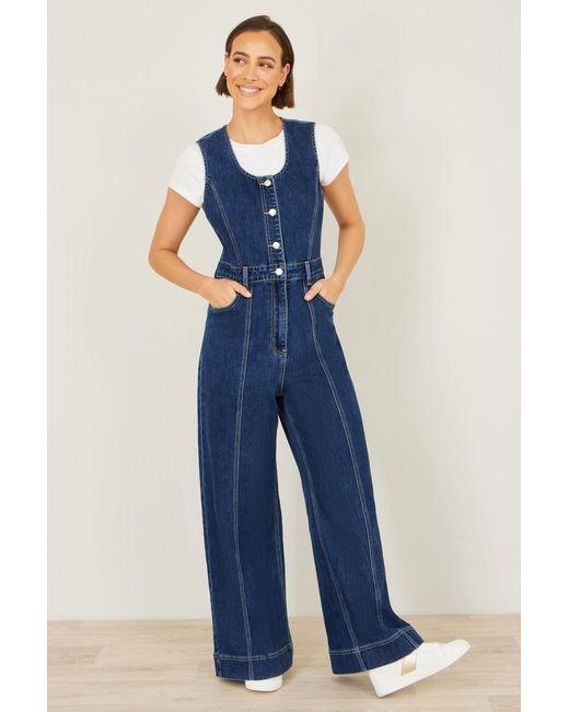 Yumi' Blue Denim Stretch Fitted Jumpsuit