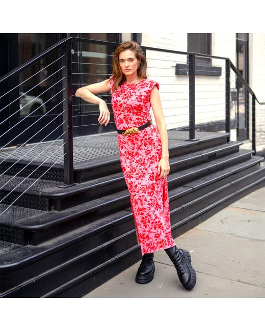 L2R THE LABEL Pink Shoulder Pad Printed Mesh Dress