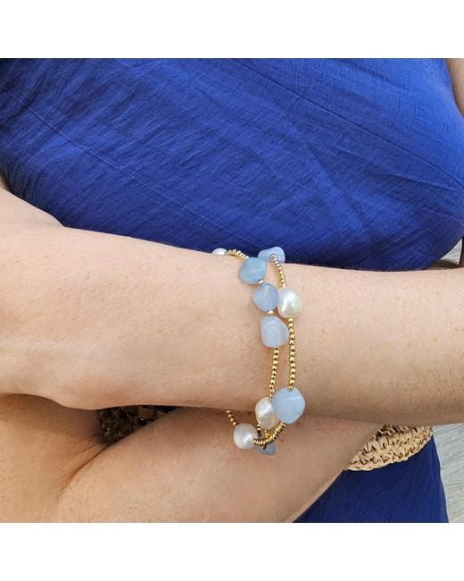 Farra Blue Irregular Aquamarine With Baroque Pearls Double Layers Bracelet